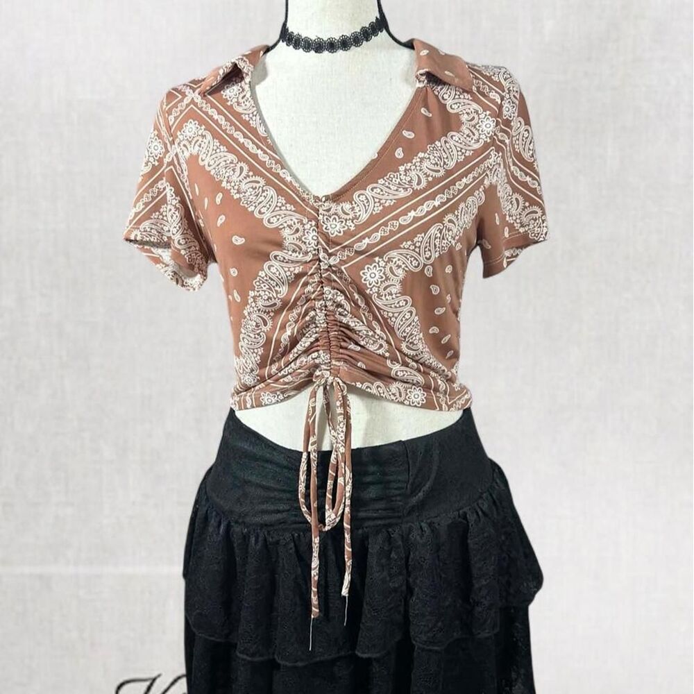 Boho Summer Tan Tie Front Babydoll Western Style Crop Top